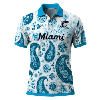 Miami Marlins Polo Shirt Customized Paisley Florals Blue White Best Selling
