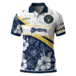 Milwaukee Brewers Polo Shirt Personalized Floral Angles Navy Blue White Best Selling