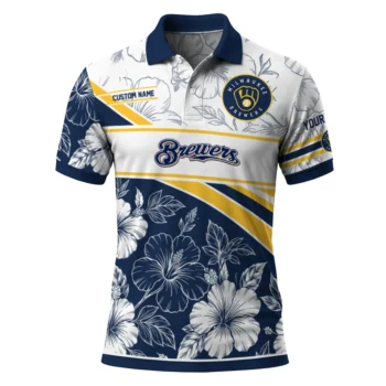 Milwaukee Brewers Polo Shirt Personalized Floral Angles Navy Blue White Best Selling