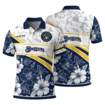 Milwaukee Brewers Polo Shirt Personalized Floral Angles Navy Blue White Fashion Forward