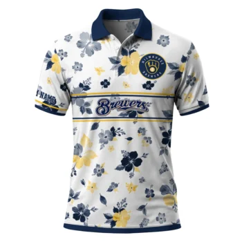 Milwaukee Brewers Polo Shirt Personalized Floral Pinstripe Navy Blue White Best Selling