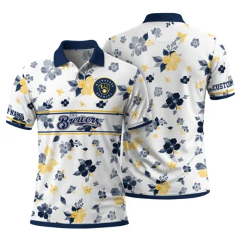 Milwaukee Brewers Polo Shirt Personalized Floral Pinstripe Navy Blue White Fashion Forward