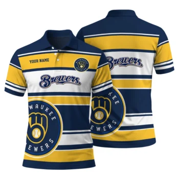 Milwaukee Brewers Polo Shirt Personalized Horizontal Blocks Navy Blue Fashion Forward