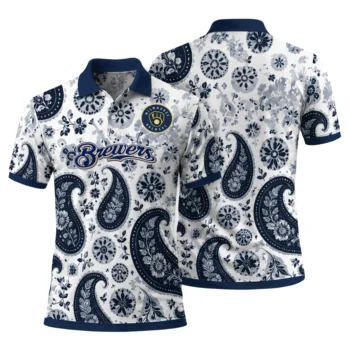 Milwaukee Brewers Polo Shirt Personalized Paisley Florals Navy Blue White Fashion Forward