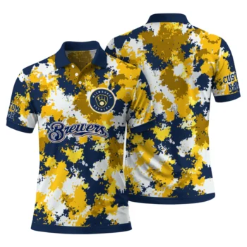 Milwaukee Brewers Polo Shirt Personalized Pixel Camo Navy Blue Fashion Forward