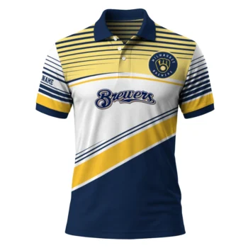Milwaukee Brewers Polo Shirt Personalized Slanted Stripes Navy Blue White Best Selling