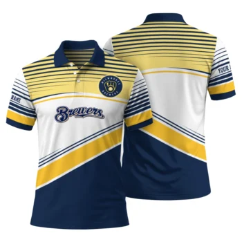 Milwaukee Brewers Polo Shirt Personalized Slanted Stripes Navy Blue White Fashion Forward