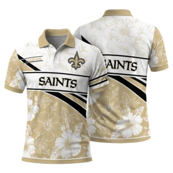 New Orleans Saints Polo Shirt Customized Floral Angles Gold White Fashion Forward