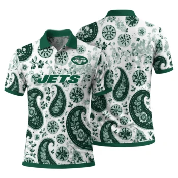 New York Jets Polo Shirt Customized Paisley Florals Green White Fashion Forward
