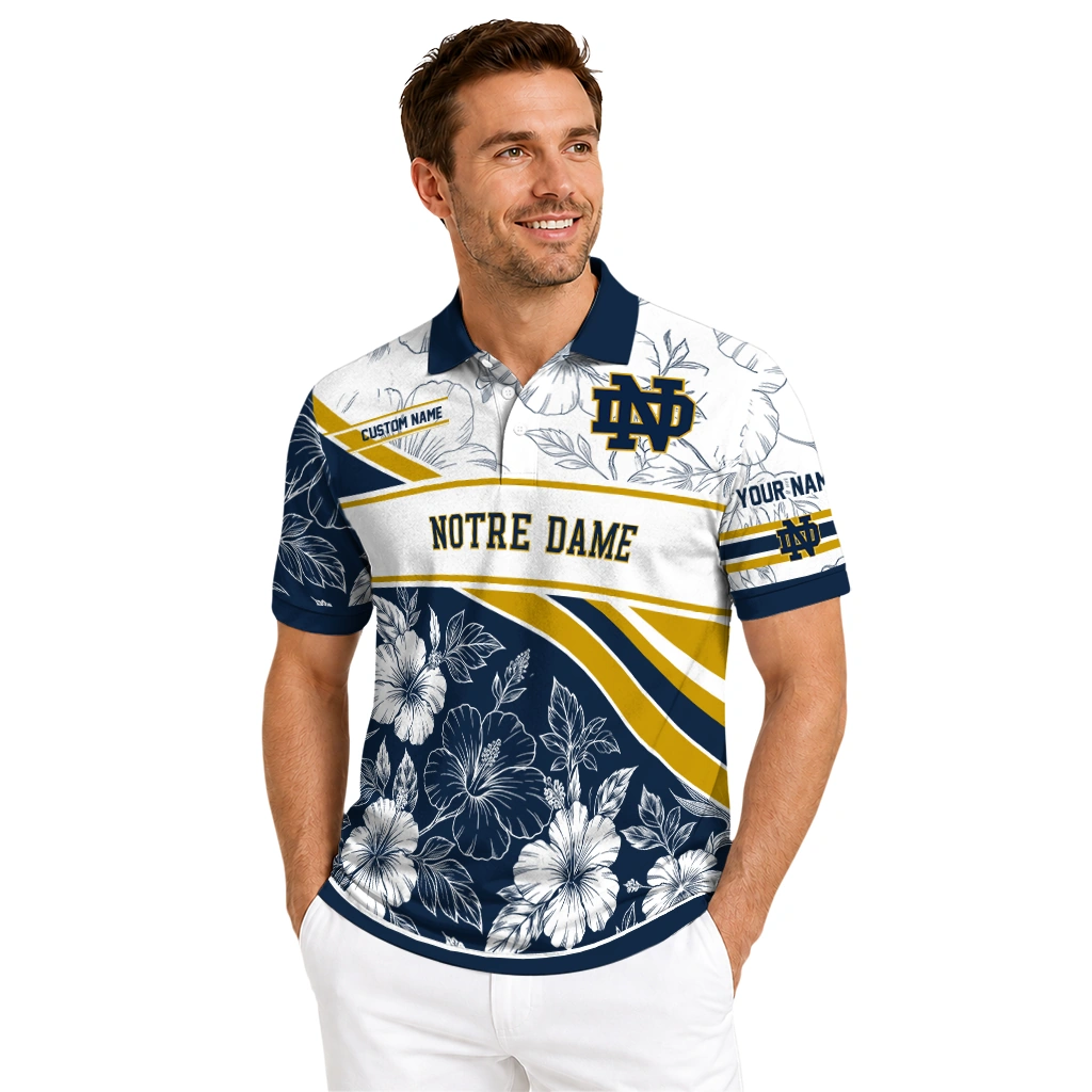 Notre Dame Fighting Irish Polo Shirt Personalized Floral Angles Navy White High Quality Notre Dame Fighting Irish Polo Shirt Personalized Floral Angles Navy White High Quality