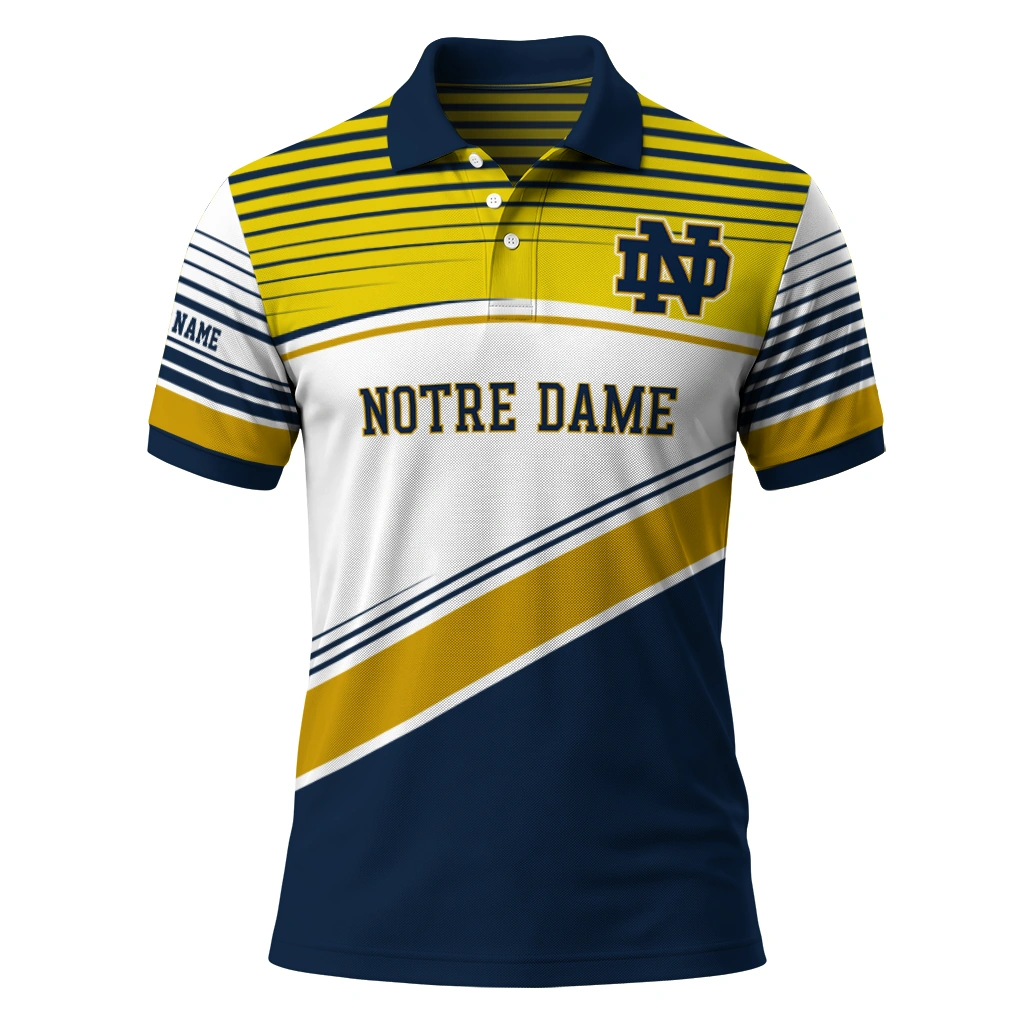 Notre Dame Fighting Irish Polo Shirt Personalized Slanted Stripes Navy White Best Selling Notre Dame Fighting Irish Polo Shirt Personalized Slanted Stripes Navy White Best Selling