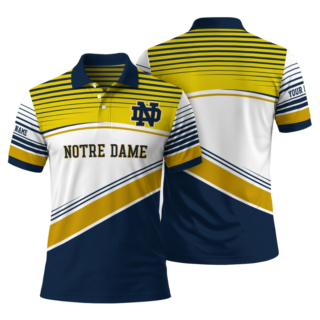 Notre Dame Fighting Irish Polo Shirt Personalized Slanted Stripes Navy White Fashion Forward Notre Dame Fighting Irish Polo Shirt Personalized Slanted Stripes Navy White Fashion Forward