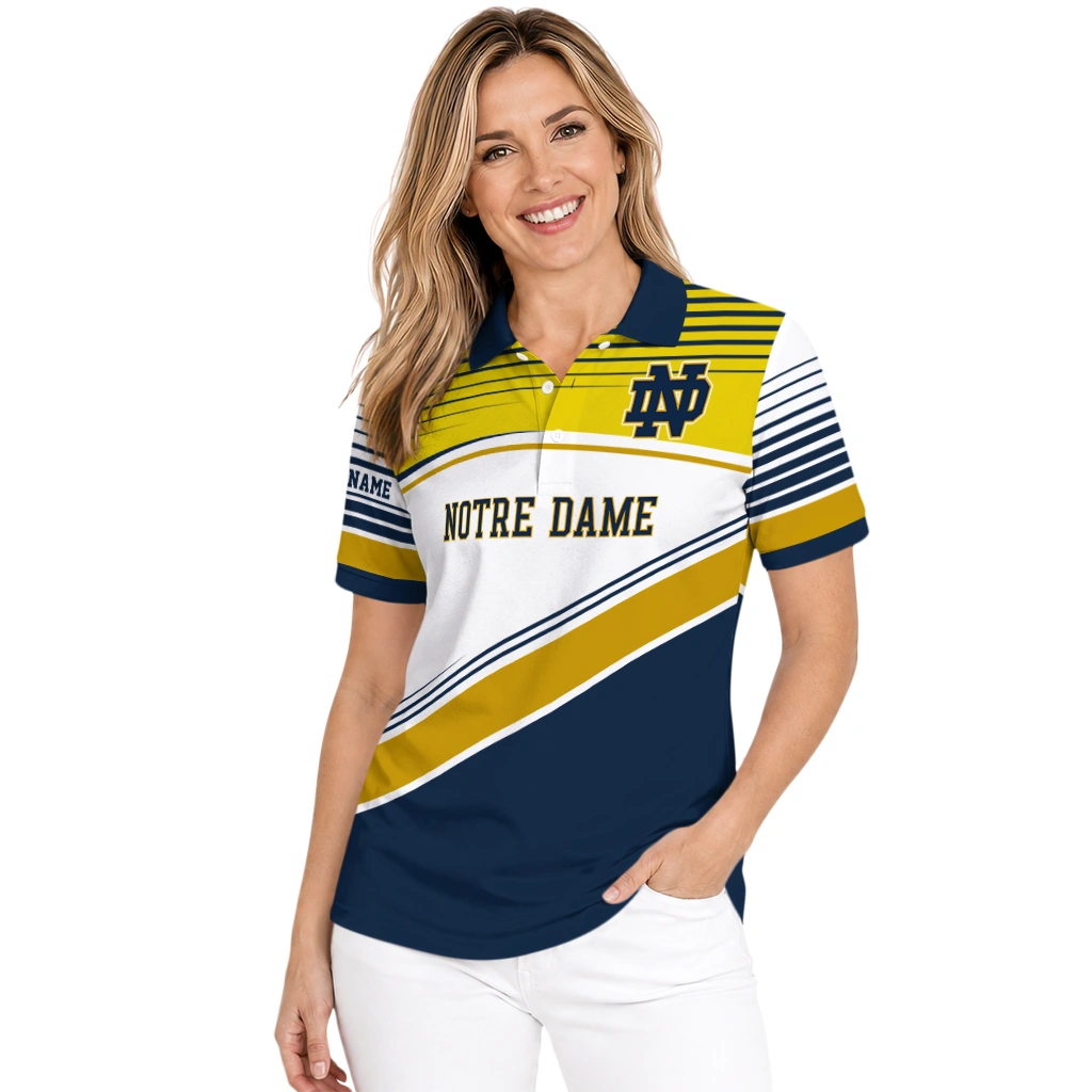Notre Dame Fighting Irish Polo Shirt Personalized Slanted Stripes Navy White Latest Model Notre Dame Fighting Irish Polo Shirt Personalized Slanted Stripes Navy White Latest Model