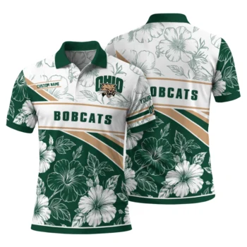 Ohio Bobcats Polo Shirt Customized Floral Angles Green White Fashion Forward