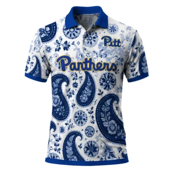 Pittsburgh Panthers Polo Shirt Customized Paisley Florals Royal Blue White Best Selling