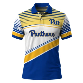 Pittsburgh Panthers Polo Shirt Customized Slanted Stripes Royal Blue White Best Selling
