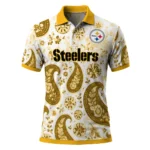 Pittsburgh Steelers Polo Shirt Custom Paisley Florals Gold White Best Selling