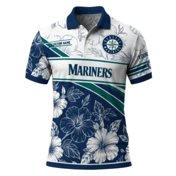 Seattle Mariners Polo Shirt Personalized Floral Angles Navy Blue White Best Selling