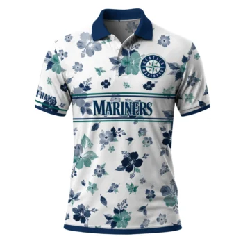 Seattle Mariners Polo Shirt Personalized Floral Pinstripe Navy Blue White Best Selling