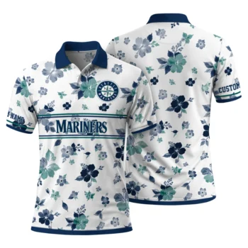 Seattle Mariners Polo Shirt Personalized Floral Pinstripe Navy Blue White Fashion Forward