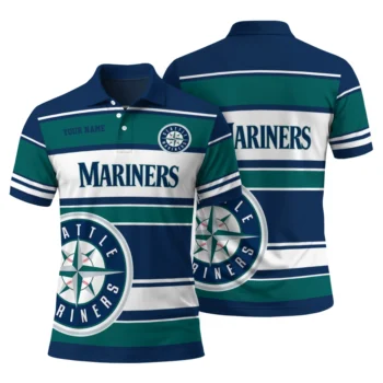 Seattle Mariners Polo Shirt Personalized Horizontal Blocks Navy Blue Fashion Forward