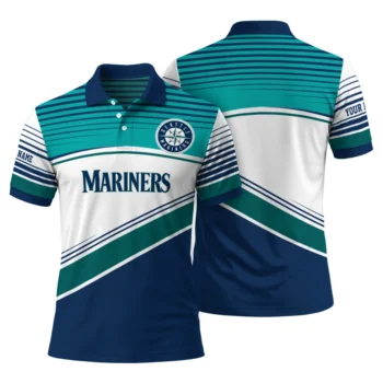 Seattle Mariners Polo Shirt Personalized Slanted Stripes Navy Blue White Fashion Forward