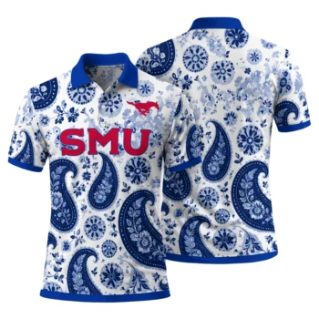 Smu Mustangs Polo Shirt Personalized Paisley Florals Blue White Fashion Forward