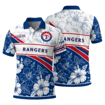 Texas Rangers Polo Shirt Personalized Floral Angles Blue White Fashion Forward