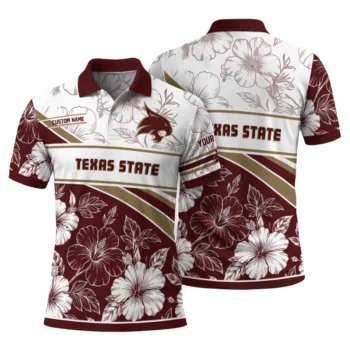 Texas State Bobcats Polo Shirt Personalized Floral Angles Maroon White Fashion Forward
