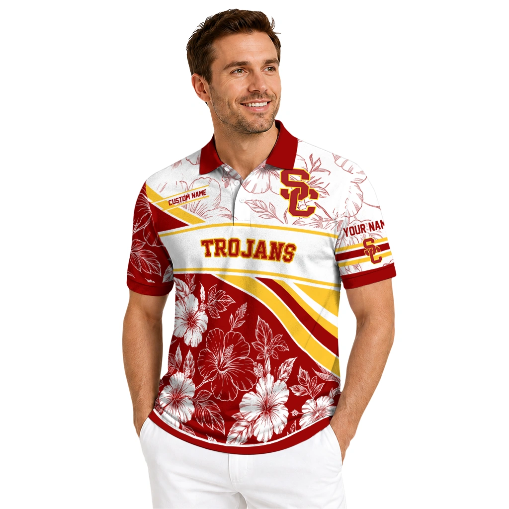 Usc Trojans Polo Shirt Customized Floral Angles Red White High Quality Usc Trojans Polo Shirt Customized Floral Angles Red White High Quality