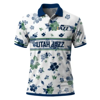Utah Jazz Polo Shirt - Custom Floral Pinstripe Navy White