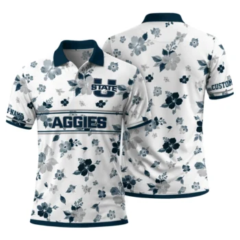 Utah State Aggies Polo Shirt Customized Floral Pinstripe Navy White Fashion Forward