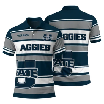 Utah State Aggies Polo Shirt Customized Horizontal Blocks Navy Fashion Forward