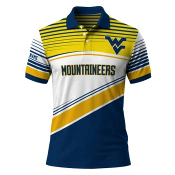 West Virginia Mountaineers Polo Shirt Personalized Slanted Stripes Blue White Best Selling