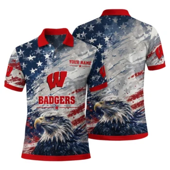 Wisconsin Badgers Polo Shirt Custom Star Brushstrokes Red Blue Fashion Forward