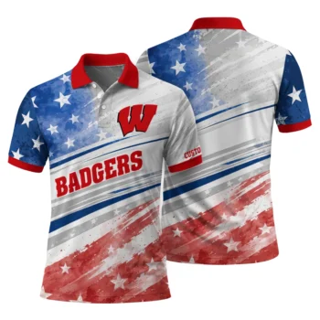 Wisconsin Badgers Polo Shirt Custom Star Stripes Red Blue Fashion Forward